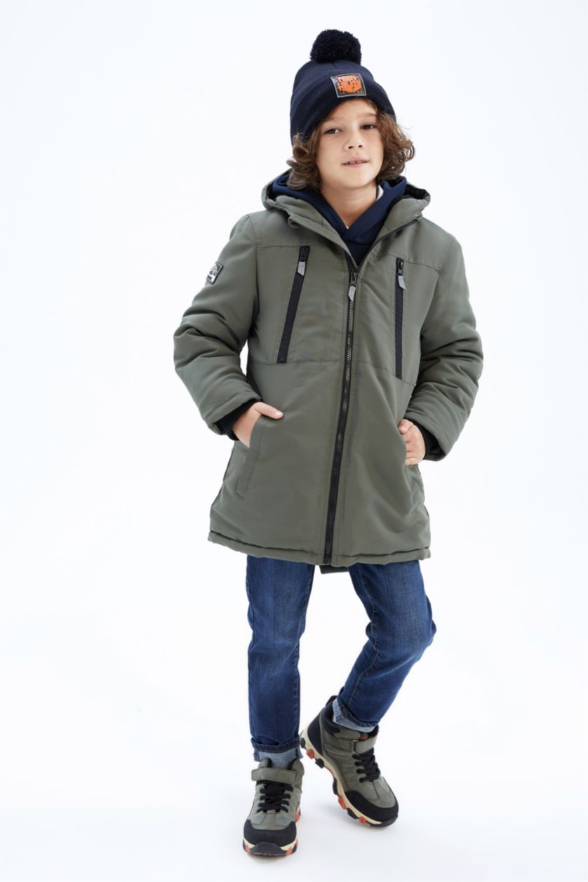 BOYS & TEENS Dark Khaki Boy Plush Lined Hooded Puffer Jacket