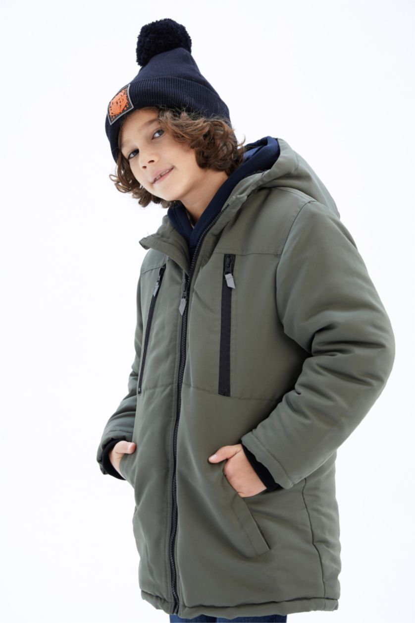 BOYS & TEENS Dark Khaki Boy Plush Lined Hooded Puffer Jacket