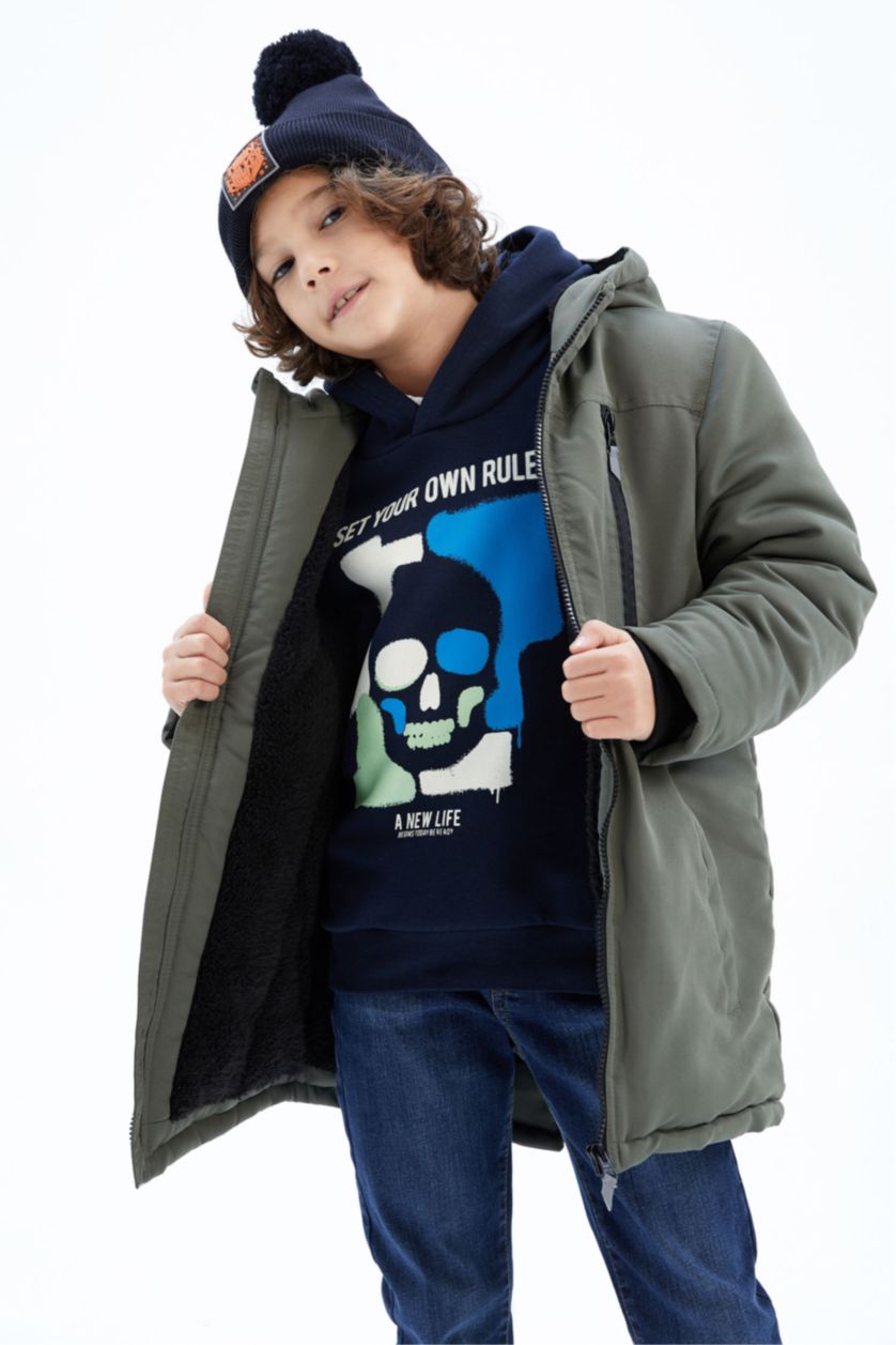 BOYS & TEENS Dark Khaki Boy Plush Lined Hooded Puffer Jacket