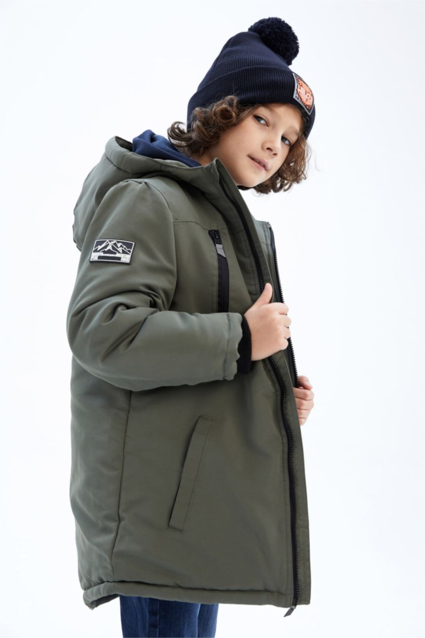 BOYS & TEENS Dark Khaki Boy Plush Lined Hooded Puffer Jacket