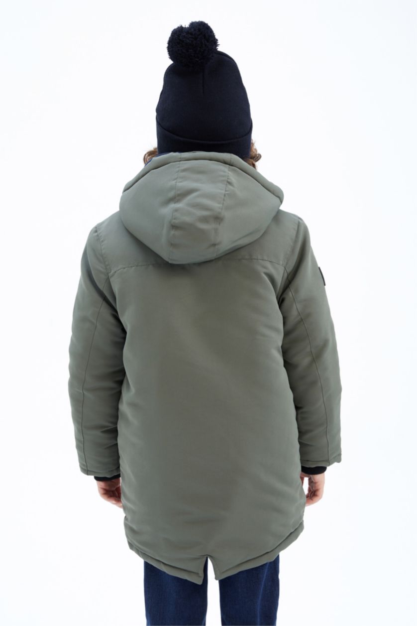 BOYS & TEENS Dark Khaki Boy Plush Lined Hooded Puffer Jacket