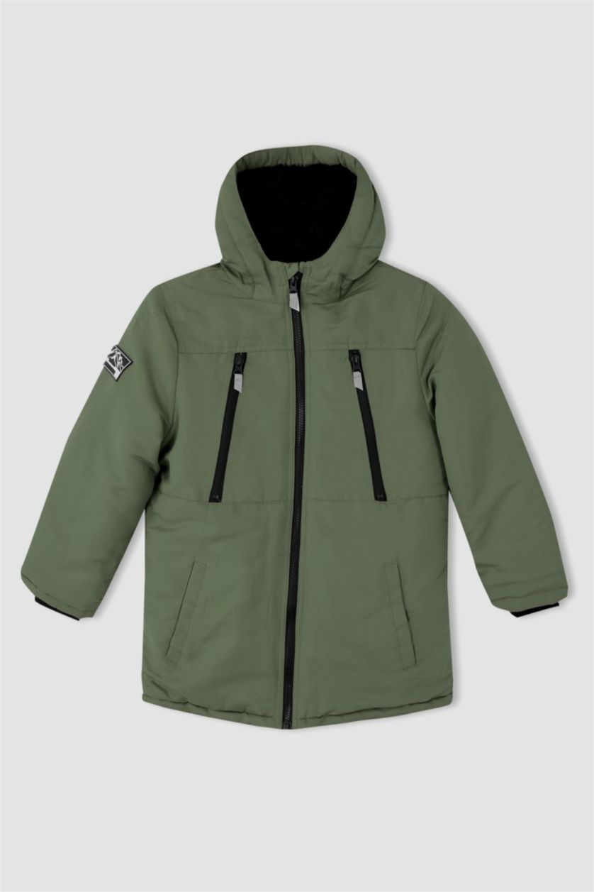 BOYS & TEENS Dark Khaki Boy Plush Lined Hooded Puffer Jacket