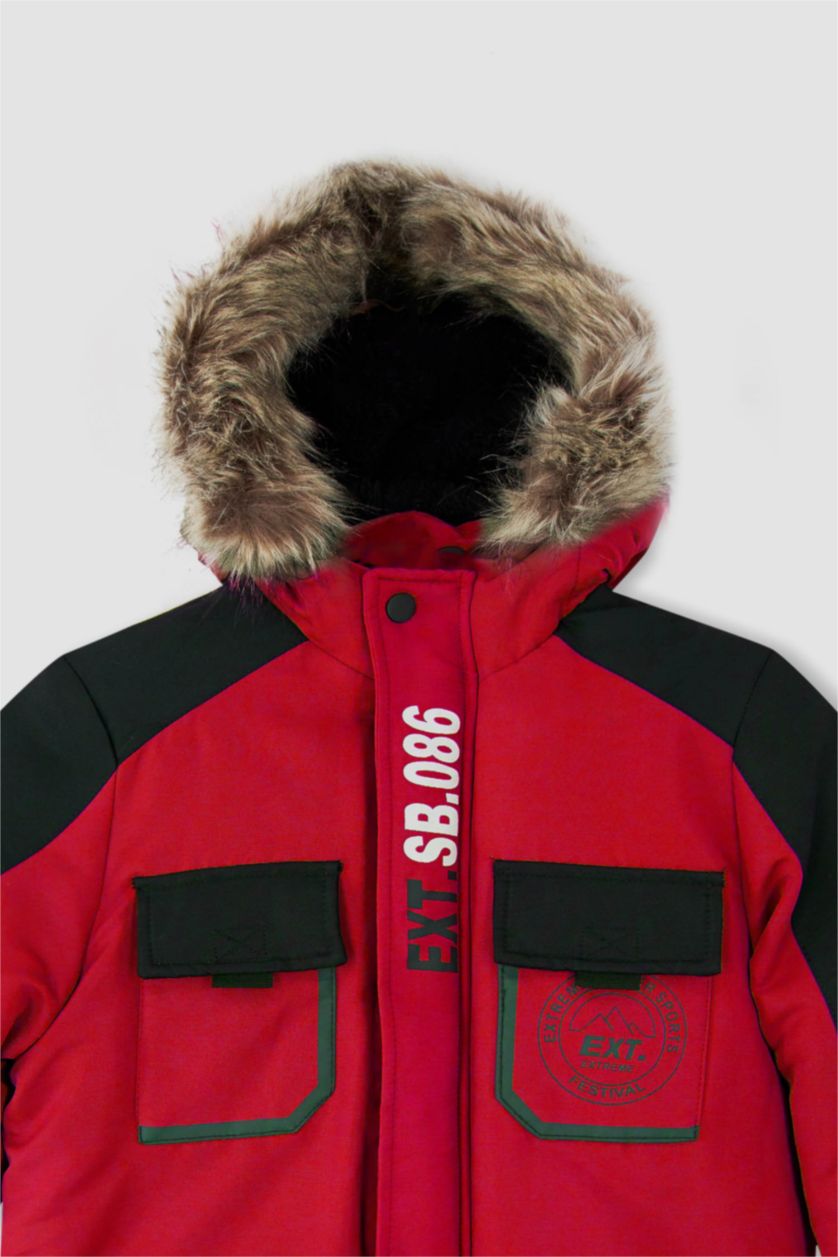 Erkek Çocuk - Genç Erkek Kırmızı Erkek Çocuk Polar Astarlı Kapüşonlu Suni Kürklü Mont