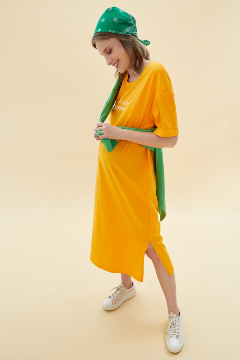 Kadın Turuncu Regular Fit Midi Hamile %100 Pamuk Elbise