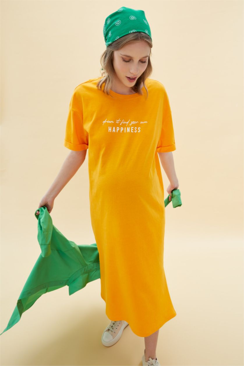 Kadın Turuncu Regular Fit Midi Hamile %100 Pamuk Elbise