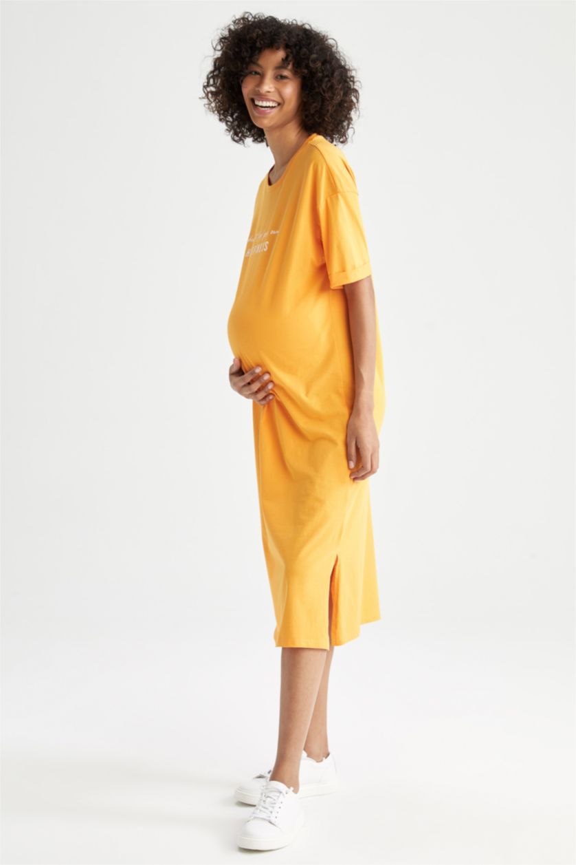 Kadın Turuncu Regular Fit Midi Hamile %100 Pamuk Elbise