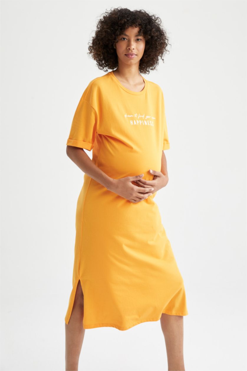 Kadın Turuncu Regular Fit Midi Hamile %100 Pamuk Elbise