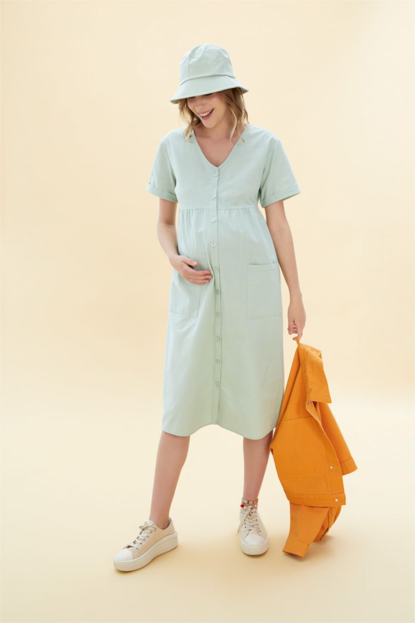 Woman Mint V Neck Short Sleeve Maternity Dress