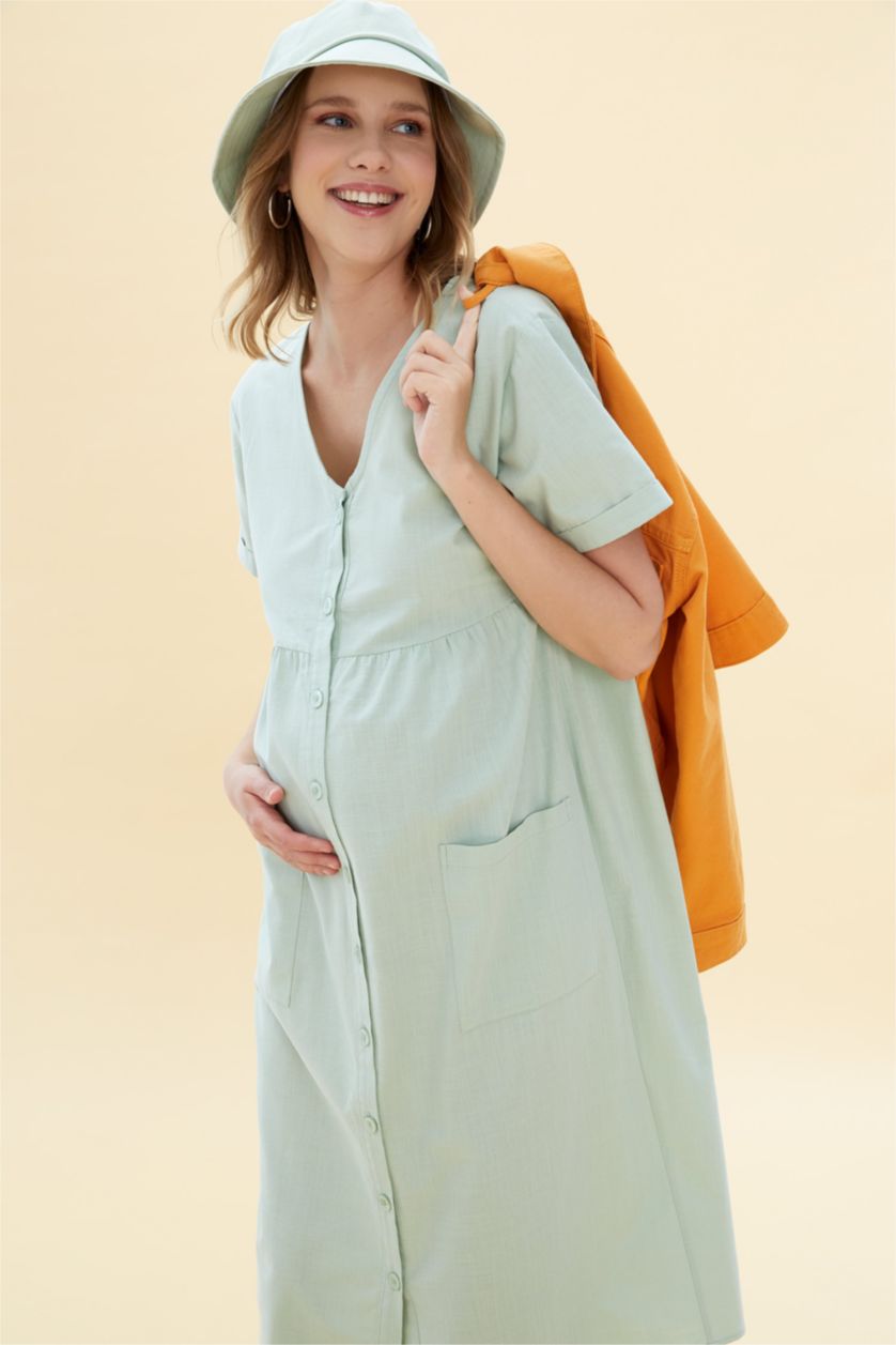 Woman Mint V Neck Short Sleeve Maternity Dress