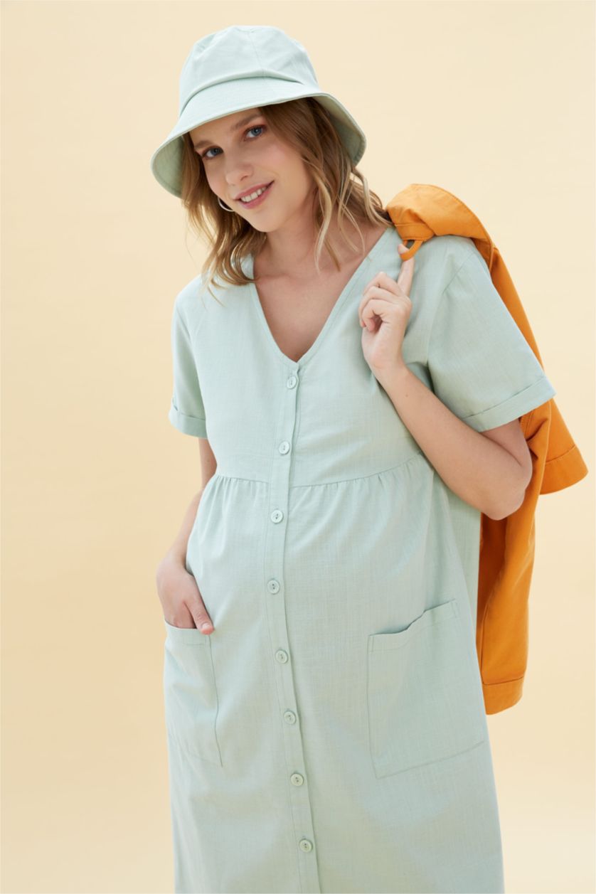 Woman Mint V Neck Short Sleeve Maternity Dress