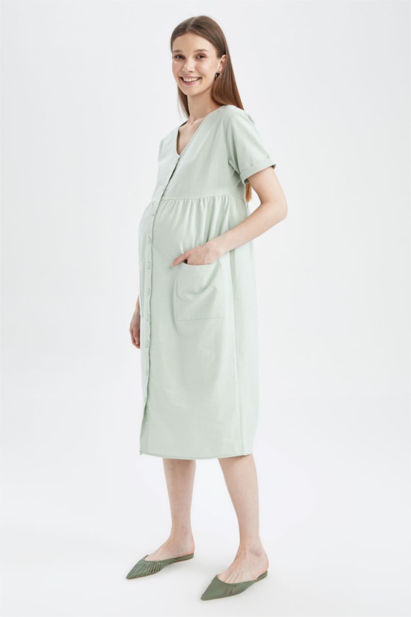 Woman Mint V Neck Short Sleeve Maternity Dress