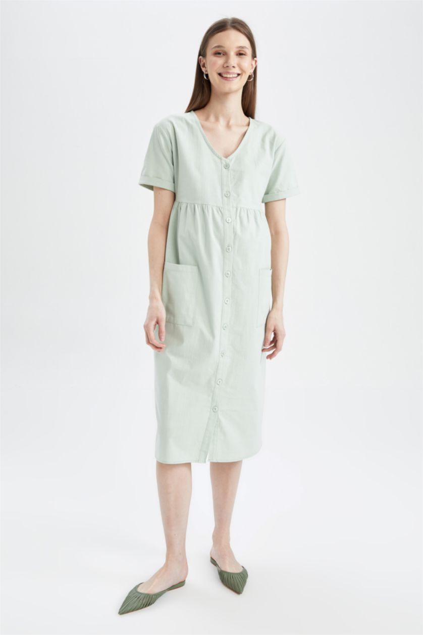 Woman Mint V Neck Short Sleeve Maternity Dress