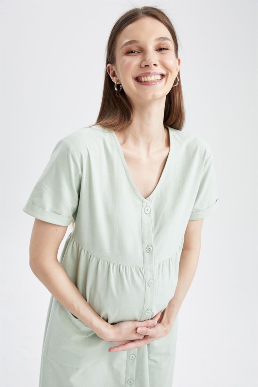 Woman Mint V Neck Short Sleeve Maternity Dress