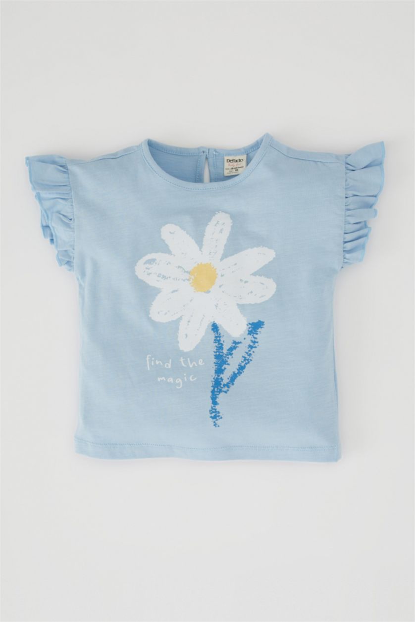 Baby Girl Light Blue Short Sleeve Frill Detail Daisy Print T-Shirt