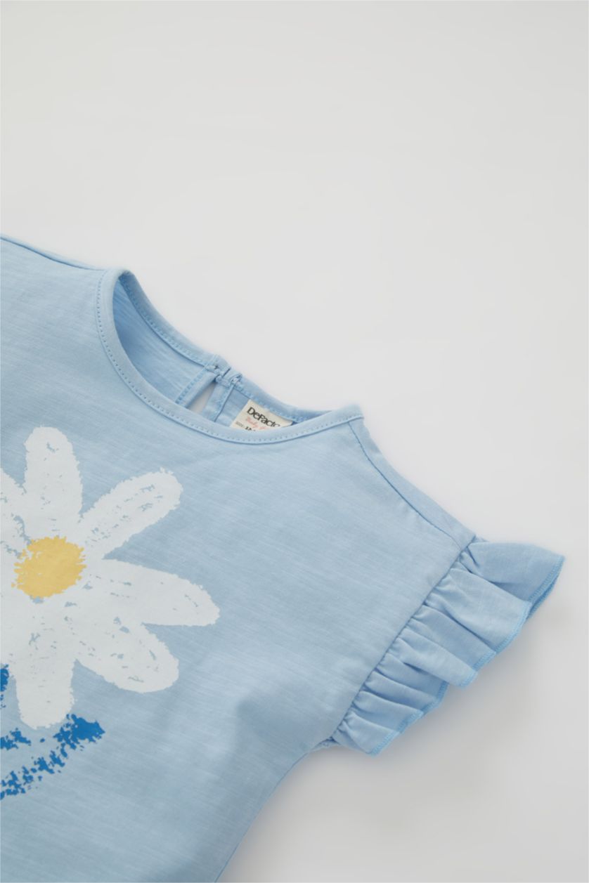 Baby Girl Light Blue Short Sleeve Frill Detail Daisy Print T-Shirt