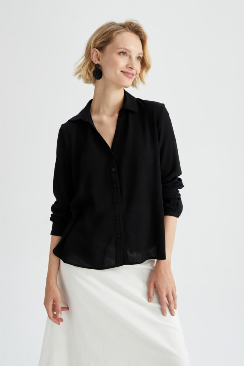 WOMAN Black Regular Fit Long Sleeve Viscose Blouse