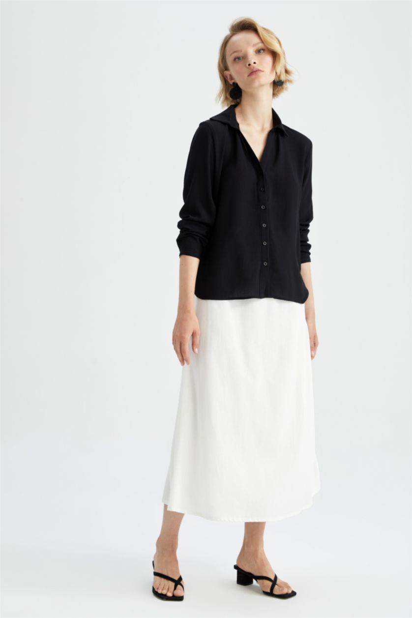 WOMAN Black Regular Fit Long Sleeve Viscose Blouse