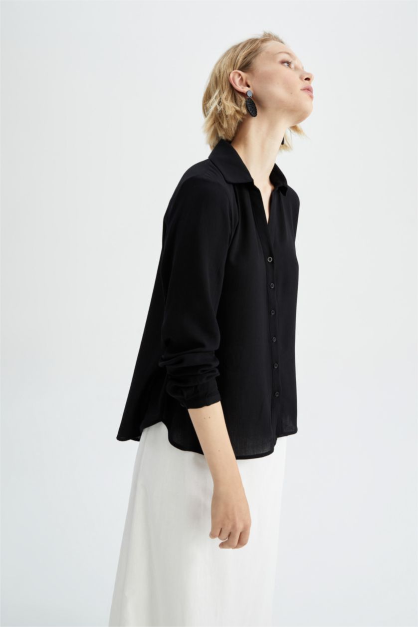 WOMAN Black Regular Fit Long Sleeve Viscose Blouse