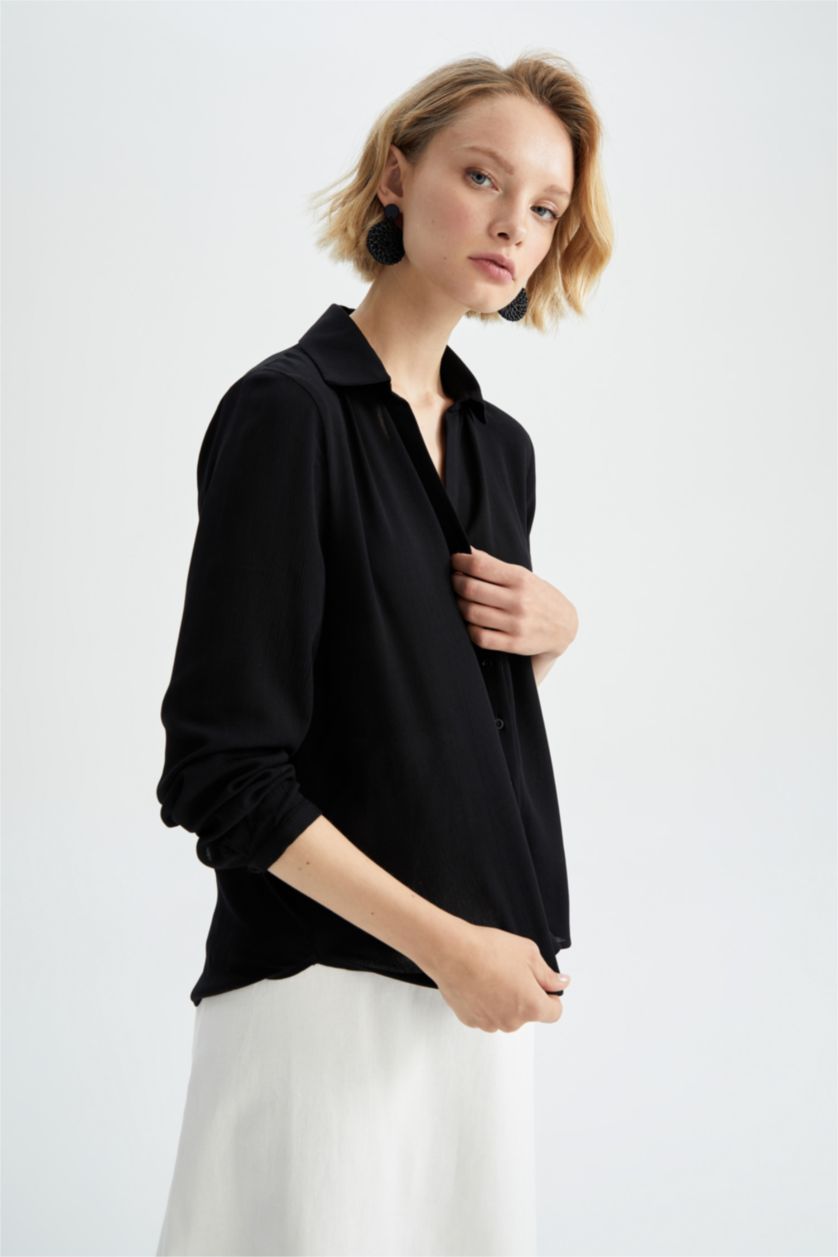 WOMAN Black Regular Fit Long Sleeve Viscose Blouse