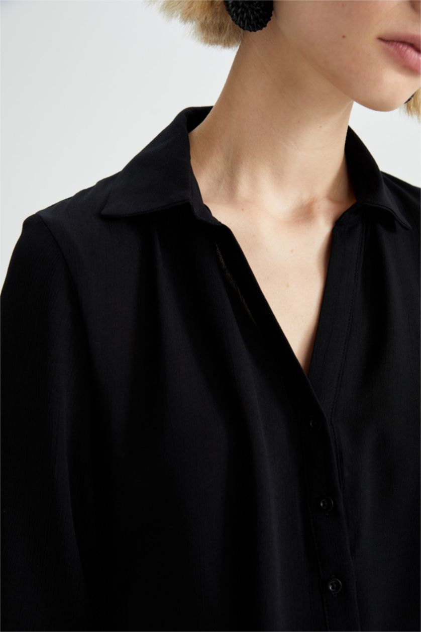 WOMAN Black Regular Fit Long Sleeve Viscose Blouse