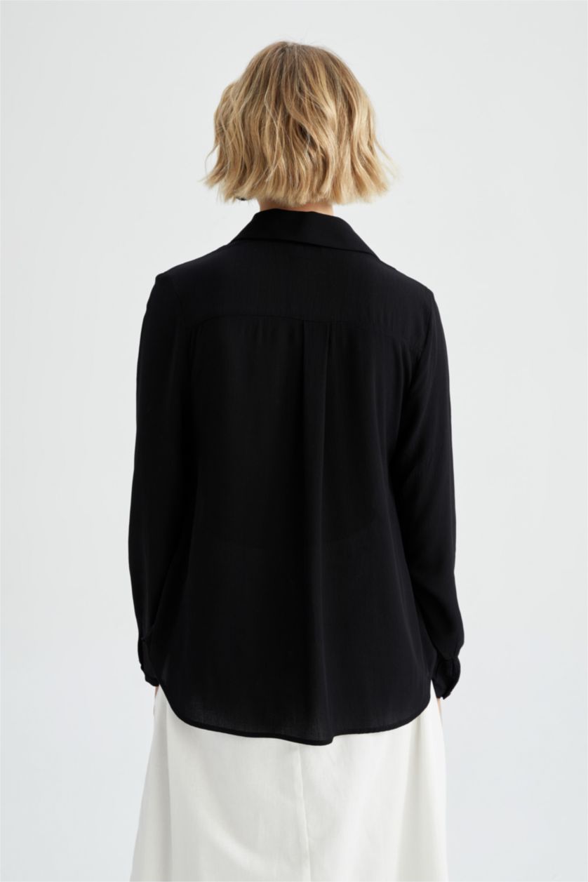 WOMAN Black Regular Fit Long Sleeve Viscose Blouse