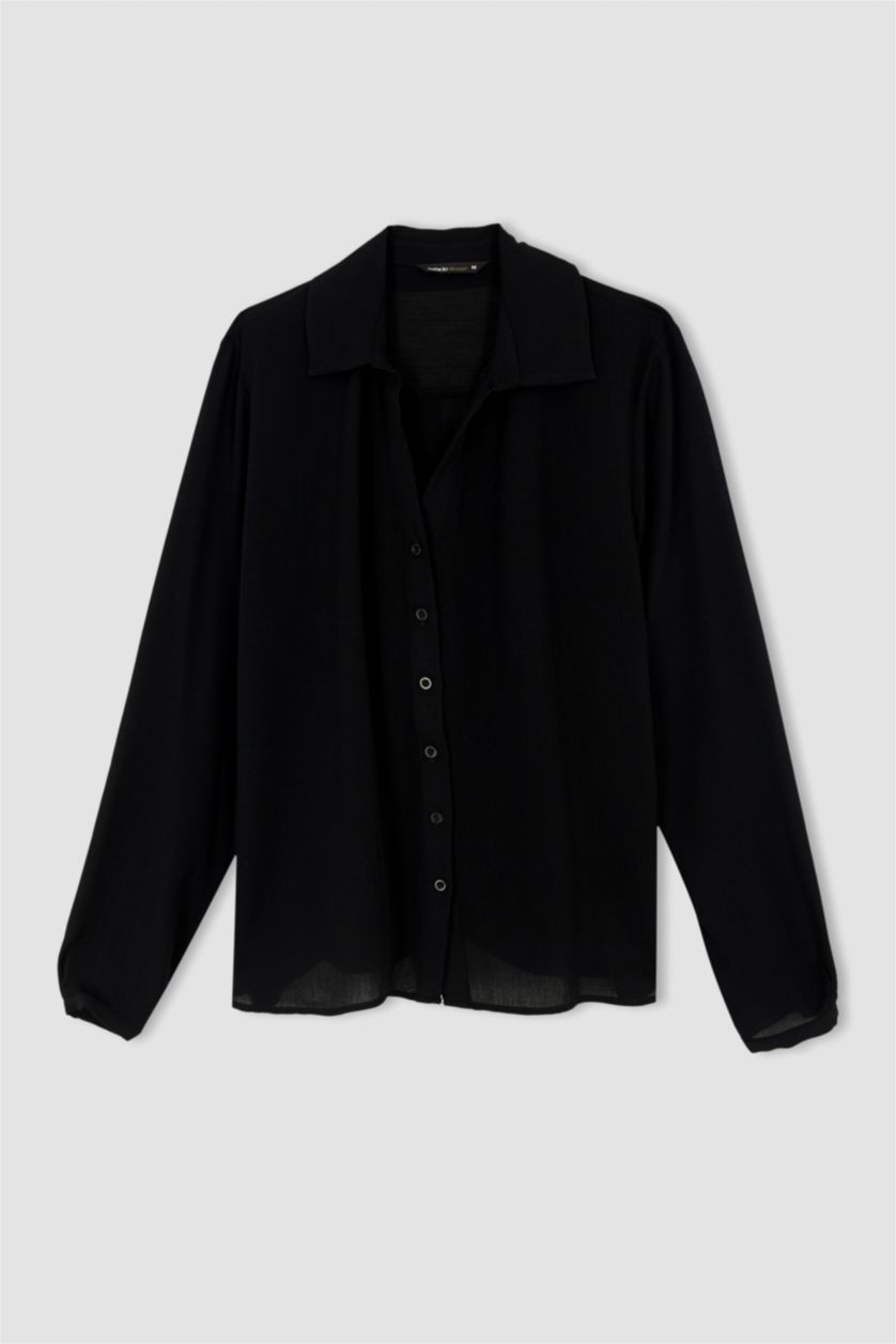 WOMAN Black Regular Fit Long Sleeve Viscose Blouse