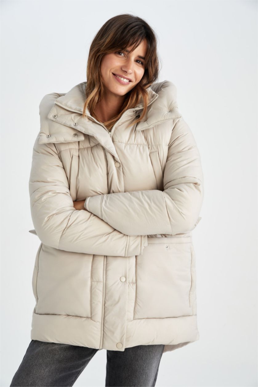 Kadın Kum Isı Yalıtımlı Su Geçirmez Kapüşonlu Hafif Uzun Dolgulu Mont