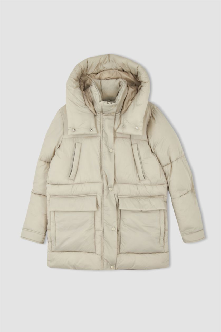 Kadın Kum Isı Yalıtımlı Su Geçirmez Kapüşonlu Hafif Uzun Dolgulu Mont