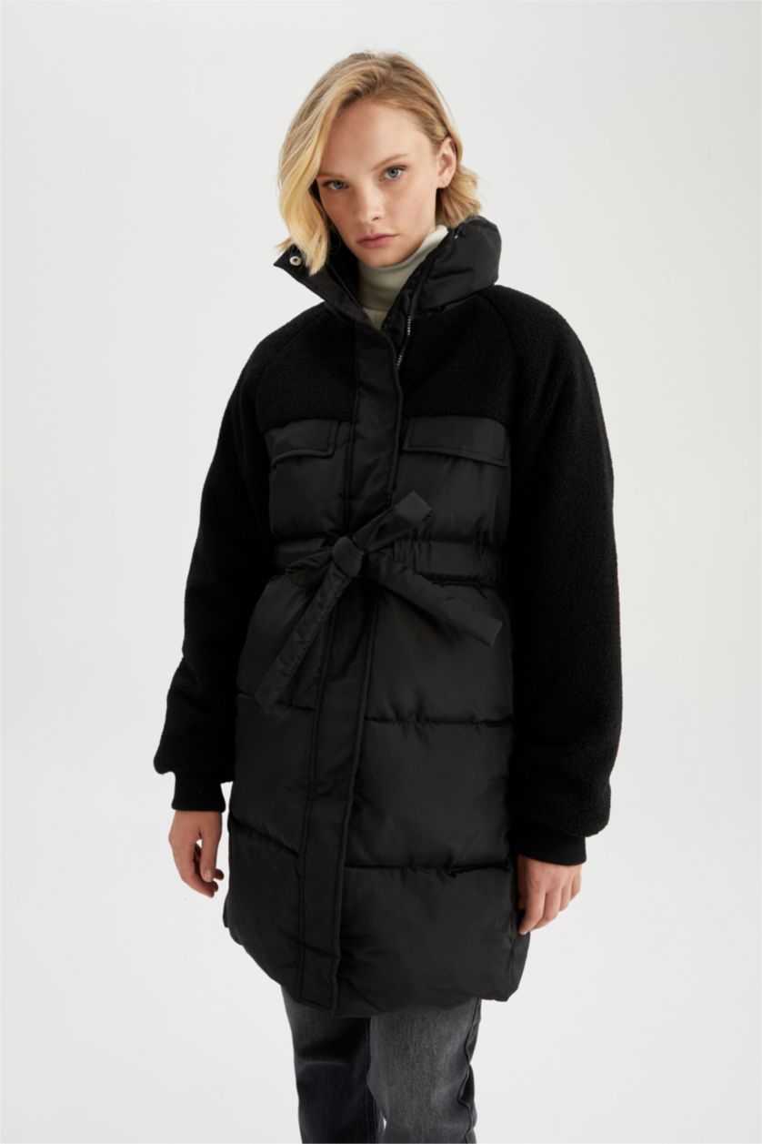 نساء أسود جاكيت بحزام عازل للحرارة