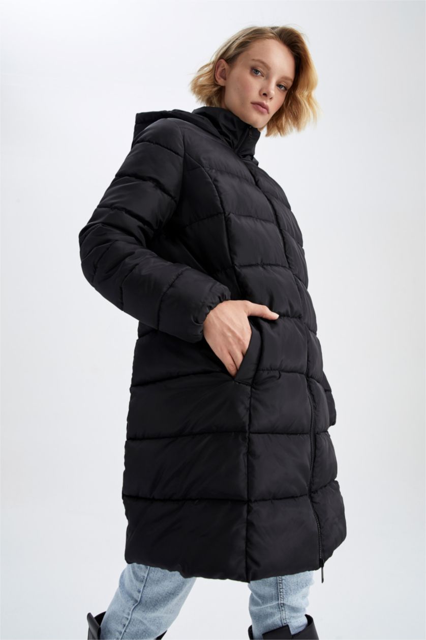 حريمي أسود جاكيت بقصة عادية بغطاء للرأس بطانة صناعية