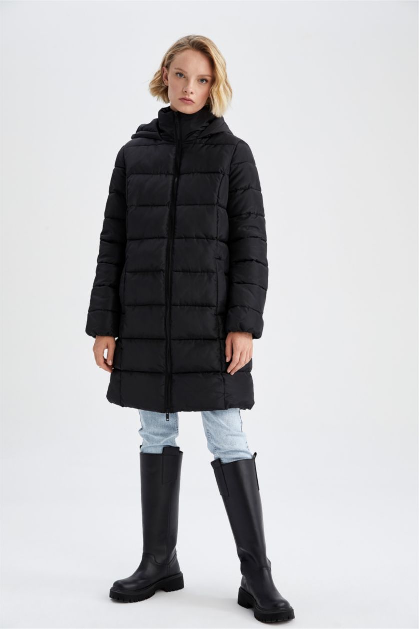 حريمي أسود جاكيت بقصة عادية بغطاء للرأس بطانة صناعية