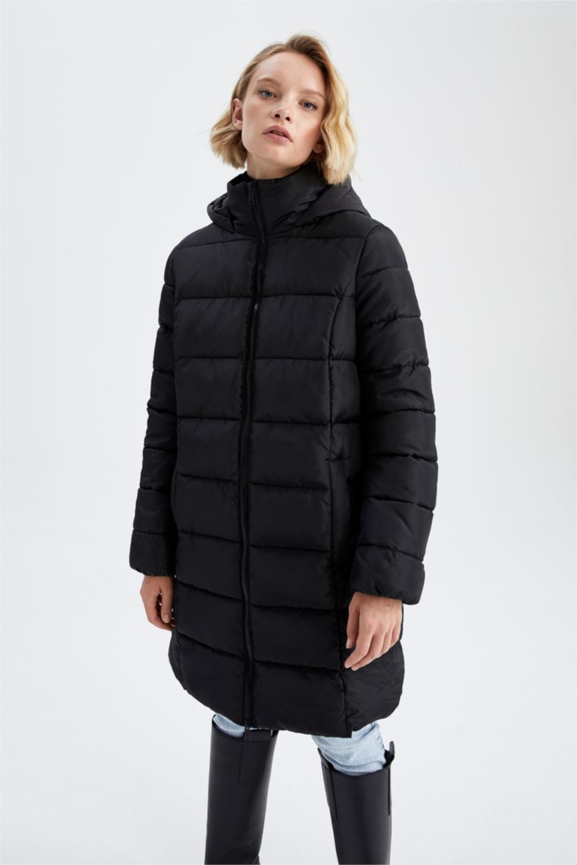 حريمي أسود جاكيت بقصة عادية بغطاء للرأس بطانة صناعية