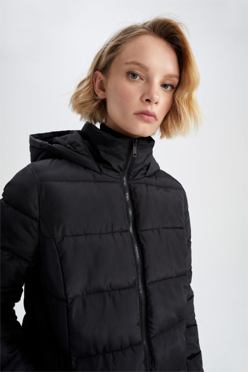 حريمي أسود جاكيت بقصة عادية بغطاء للرأس بطانة صناعية