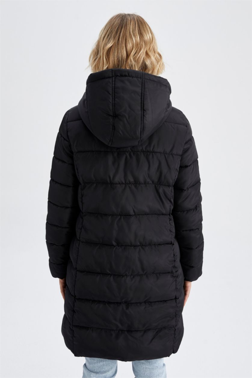 حريمي أسود جاكيت بقصة عادية بغطاء للرأس بطانة صناعية