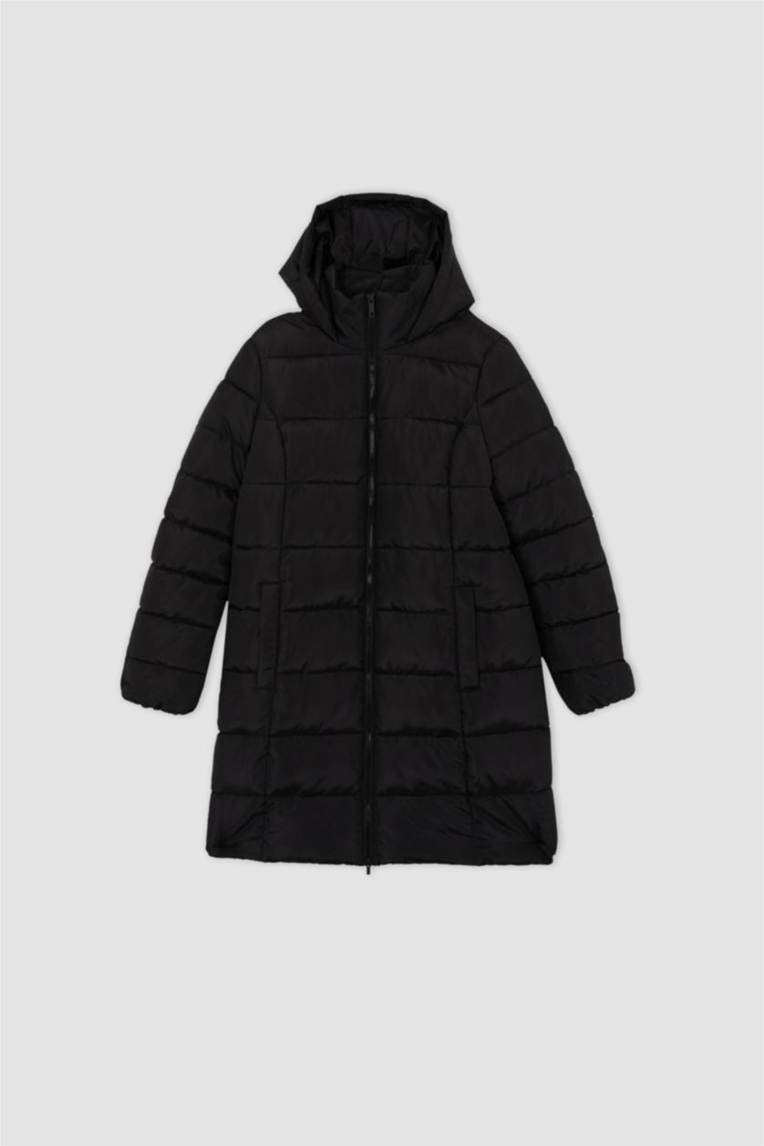 حريمي أسود جاكيت بقصة عادية بغطاء للرأس بطانة صناعية