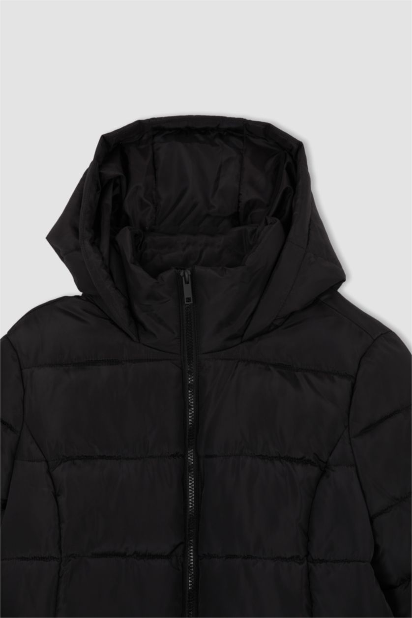 حريمي أسود جاكيت بقصة عادية بغطاء للرأس بطانة صناعية