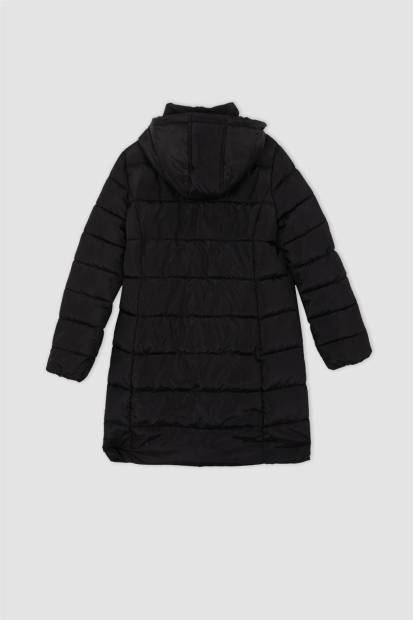 حريمي أسود جاكيت بقصة عادية بغطاء للرأس بطانة صناعية