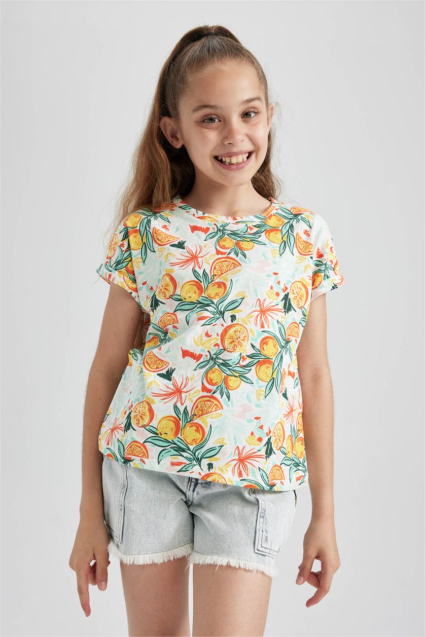 FILLES Écru T-shirt à manches courtes en coton à motifs orange pour fille