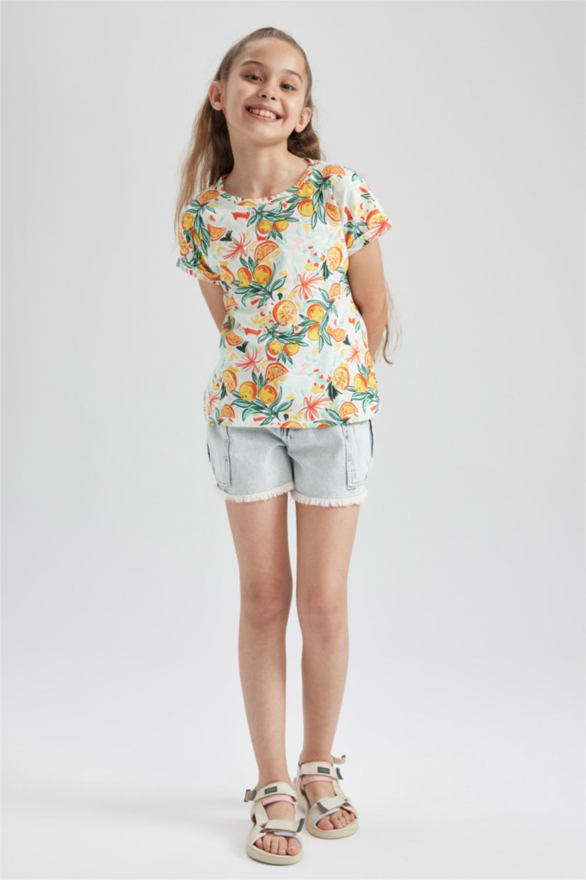 FILLES Écru T-shirt à manches courtes en coton à motifs orange pour fille