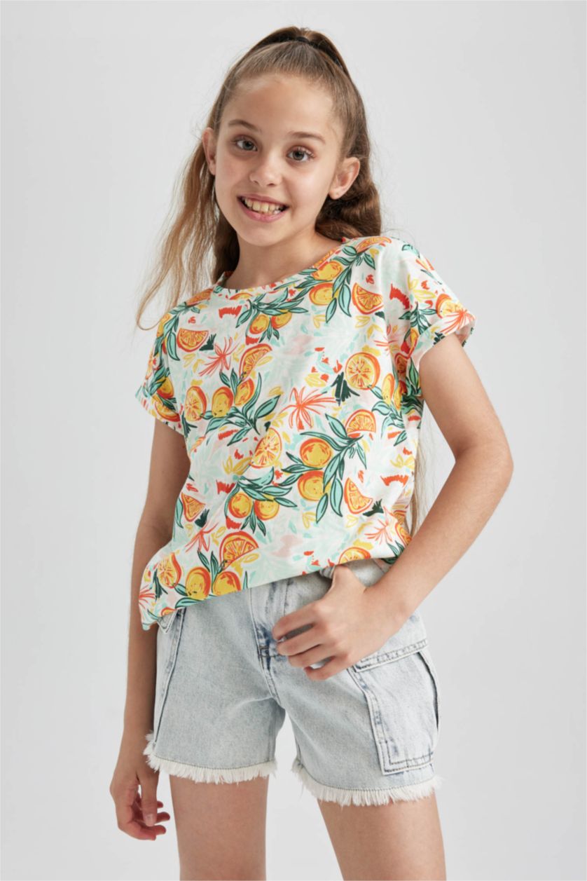 FILLES Écru T-shirt à manches courtes en coton à motifs orange pour fille