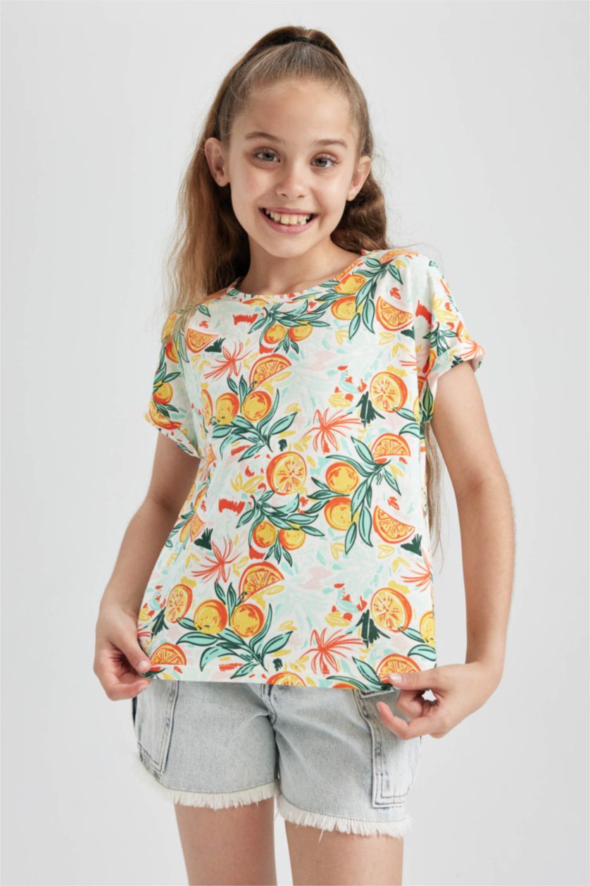 FILLES Écru T-shirt à manches courtes en coton à motifs orange pour fille