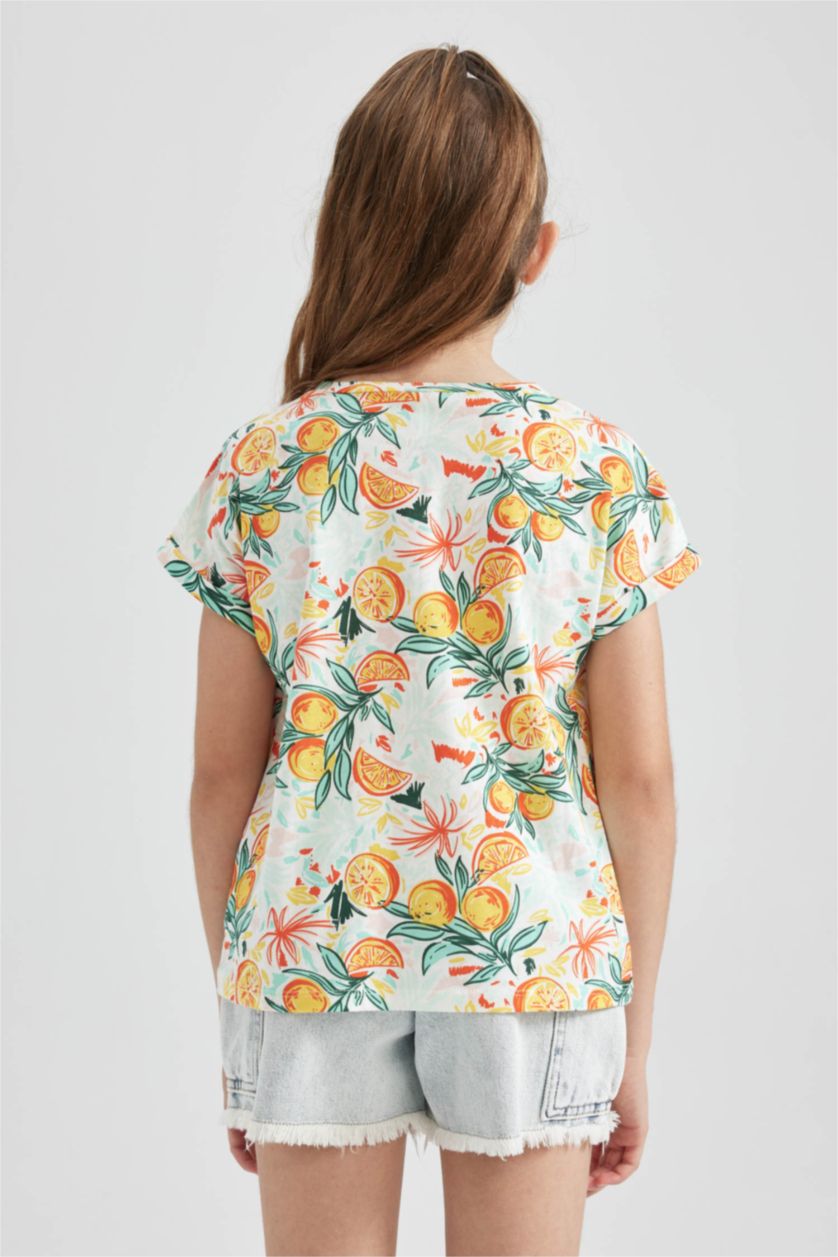 FILLES Écru T-shirt à manches courtes en coton à motifs orange pour fille