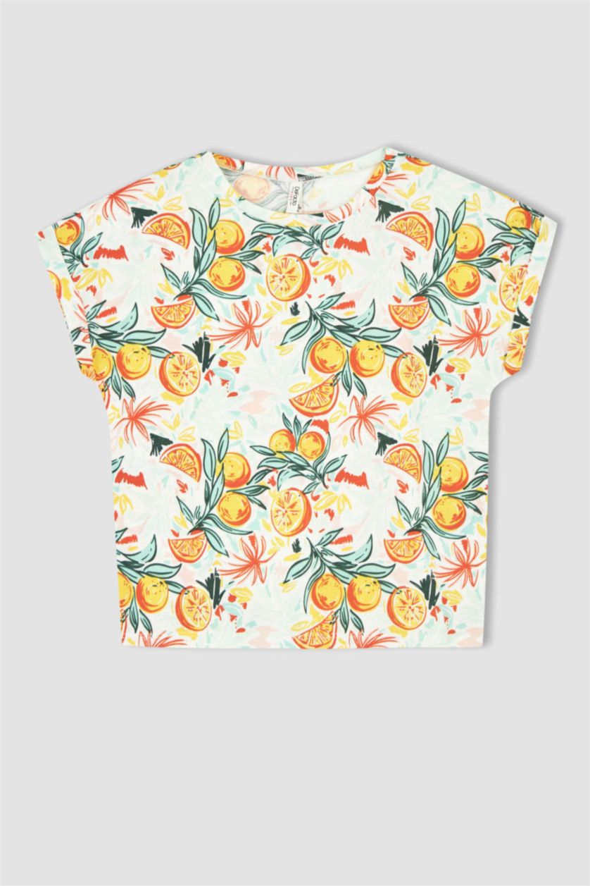 FILLES Écru T-shirt à manches courtes en coton à motifs orange pour fille