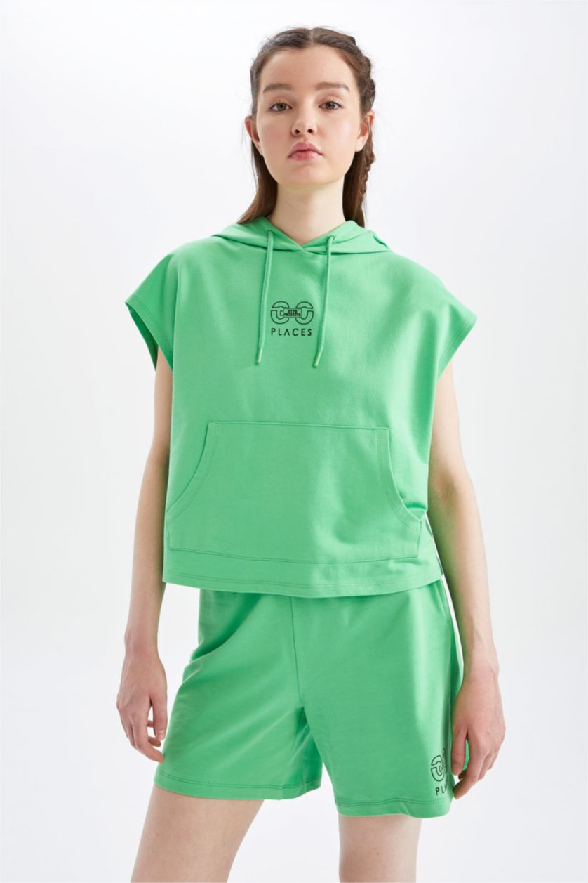 WOMAN Green Regular Fit Sleeveless Kangaroo Pocket Hoodie