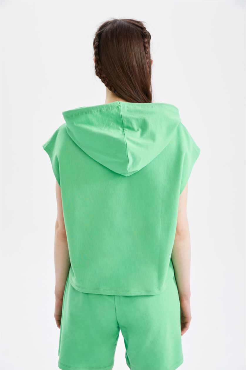 WOMAN Green Regular Fit Sleeveless Kangaroo Pocket Hoodie