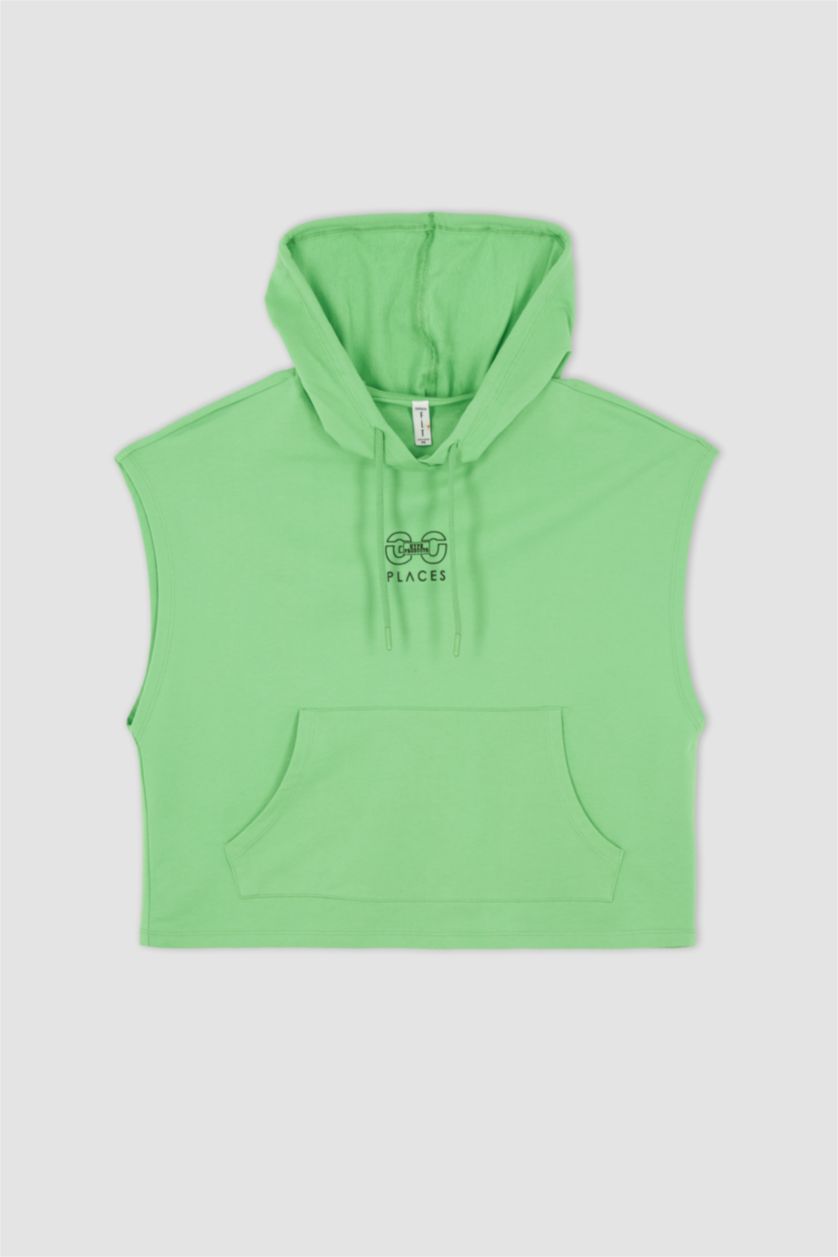 WOMAN Green Regular Fit Sleeveless Kangaroo Pocket Hoodie