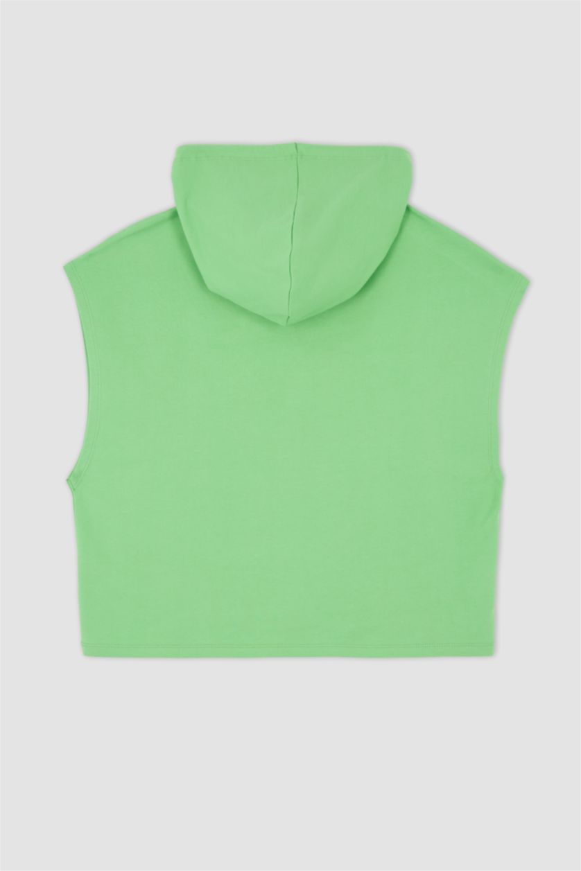 WOMAN Green Regular Fit Sleeveless Kangaroo Pocket Hoodie