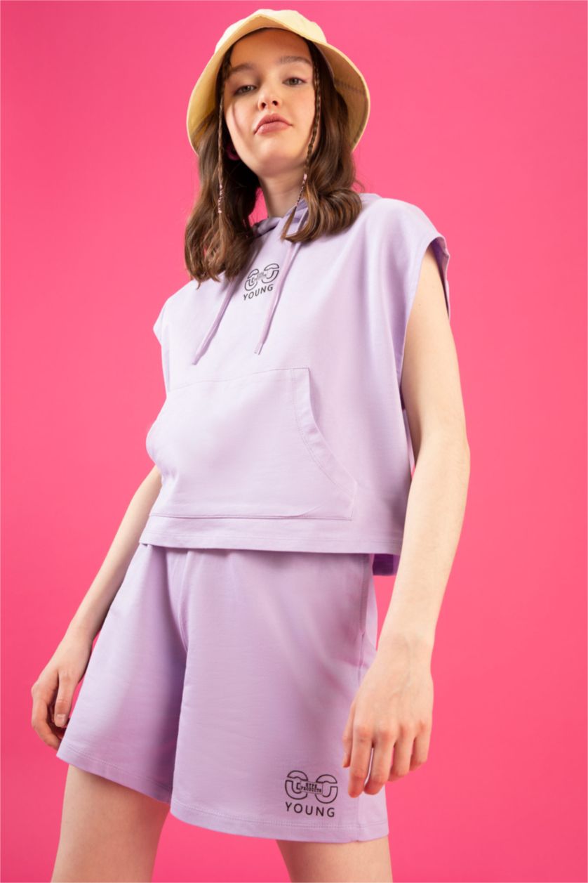 حريمي أرجواني هودي مطبوع بجيب وقصة عادية