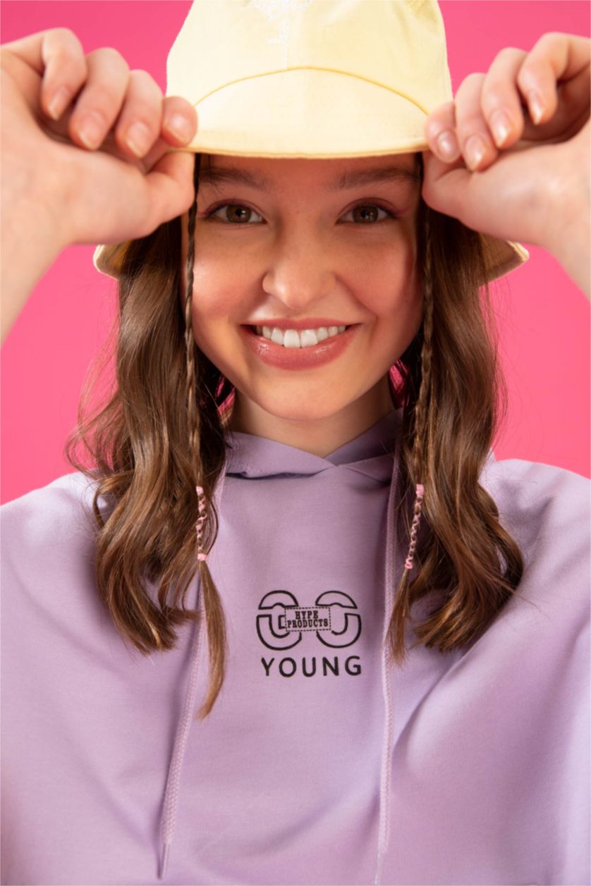 حريمي أرجواني هودي مطبوع بجيب وقصة عادية