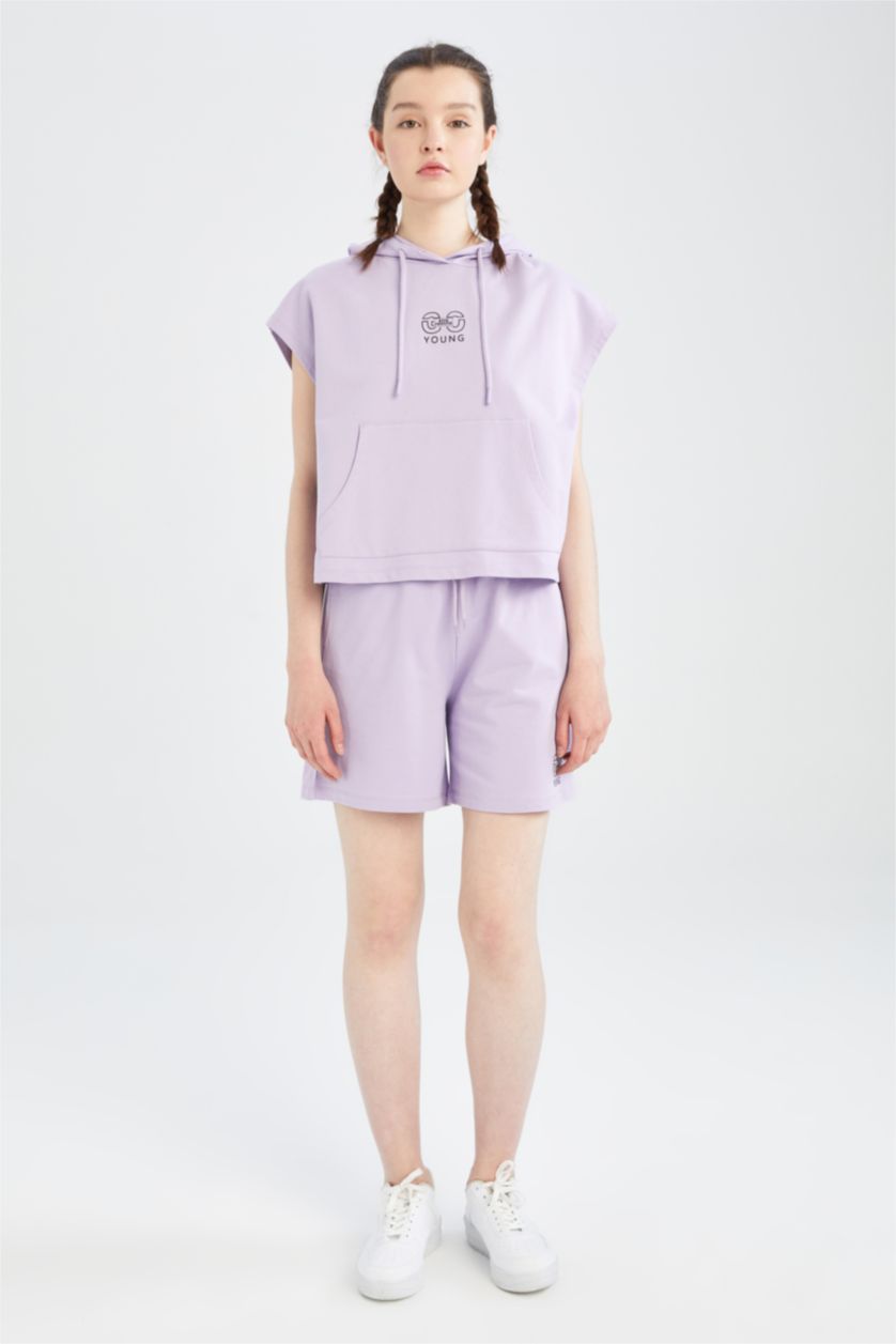 حريمي أرجواني هودي مطبوع بجيب وقصة عادية